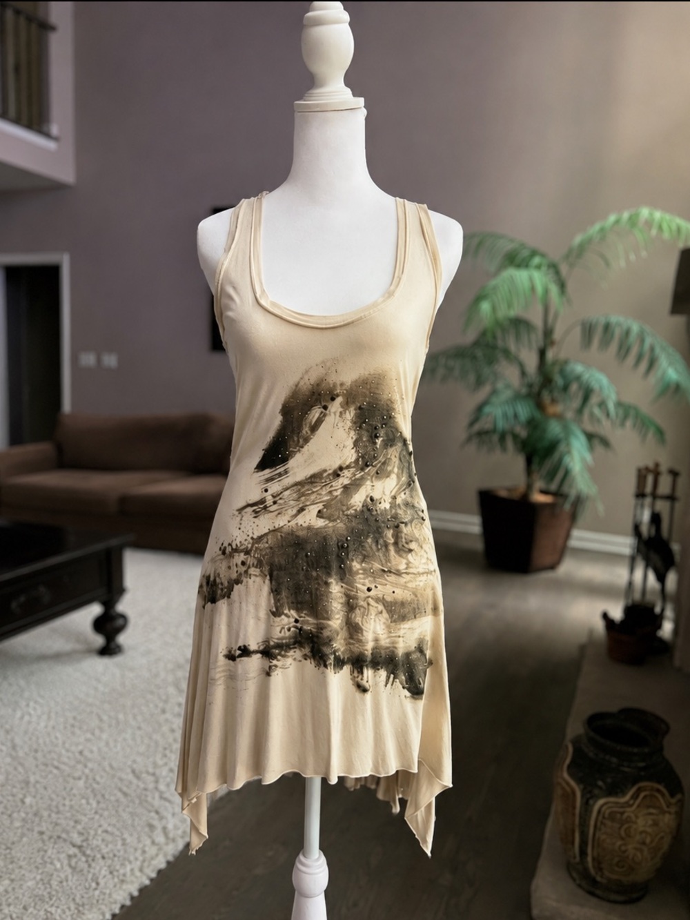 River Island Cream Abstract Print Embellished Mini Dress Tunic US 4 Small